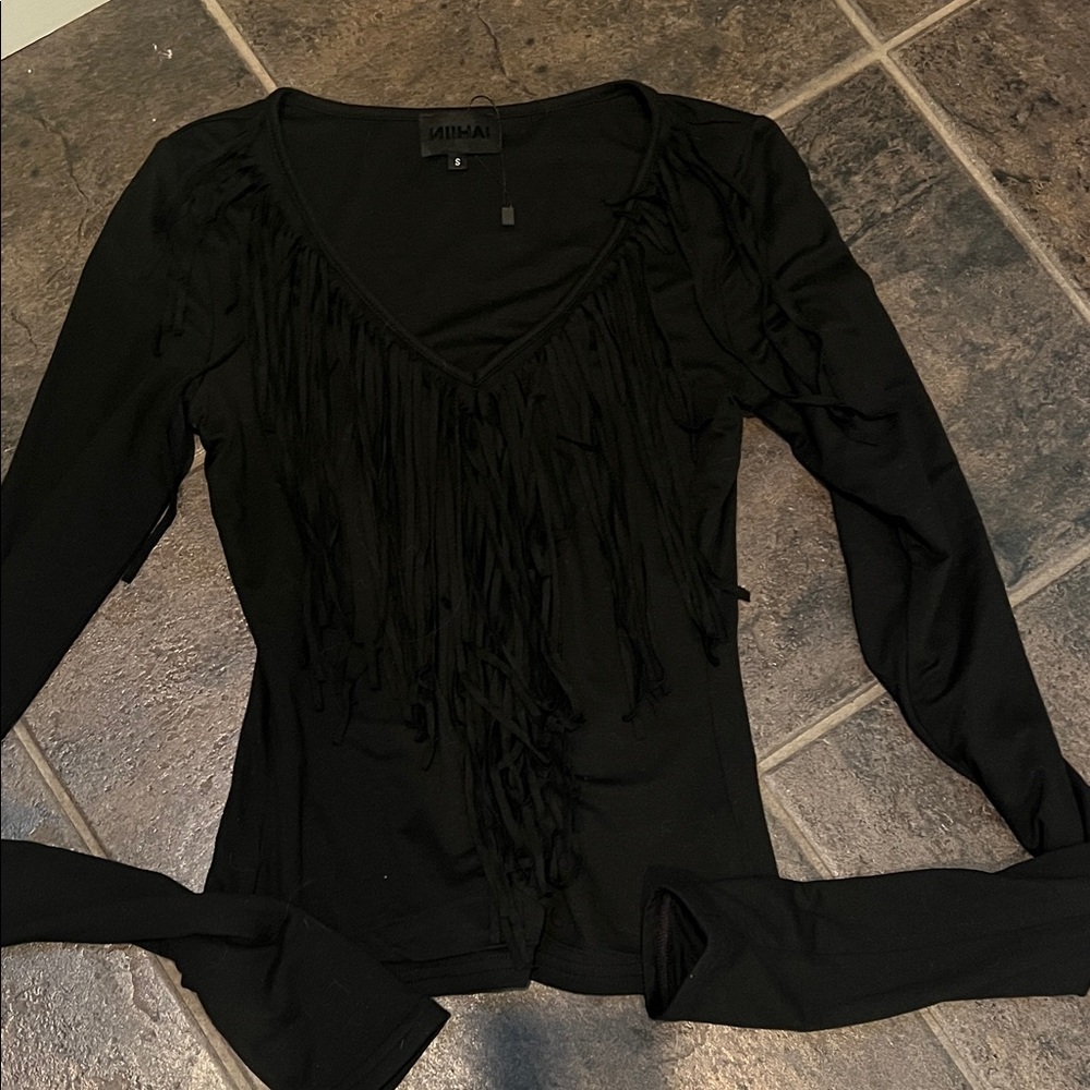 Chic Black Fringe Long Sleeve Top